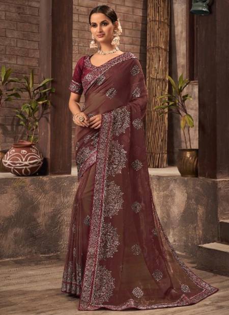 Maroon Colour Tyohar Kavira New Latest Designer Ethnic Wear Gold Zari Organza Saree Collection 6004